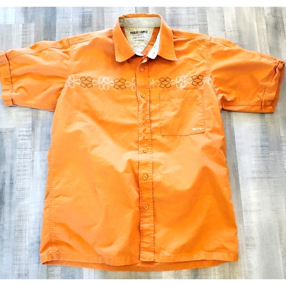 Rusty Lopez Vintage Surf 80's Men L Embroidered Shirt Orange Surfing Rare Custom